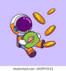cute astronaut holding a wallet with a money for saving of illustration