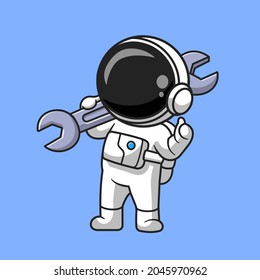 Cute Astronaut Holding Wrench Cartoon Vector Icon Illustration. Science Technology Icon Concept Isolated Premium Vector. Flat Cartoon Style