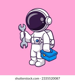 Cute Astronaut Holding-Schlüssel und Tool Box Cartoon Vektorsymbol Illustration. Science Technology Icon Konzept isolierter Premium-Vektorgrafik. Flachbildkartonstil