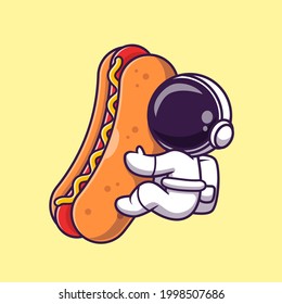 Cute Astronaut With Hot Dog Cartoon Vector Icon Illustration. Science Food Icon Concept Isolated Premium Vector. Flat Cartoon Style