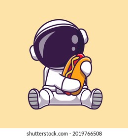 Cute Astronaut With Hot Dog Cartoon Vector Icon Illustration. Science Food Icon Concept Isolated Premium Vector. Flat Cartoon Style