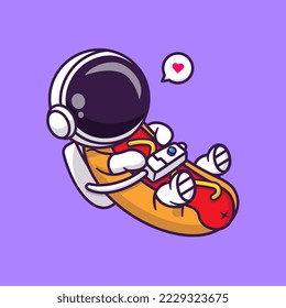 Cute Astronaut Hotdog Floating In Space Cartoon Vector Icon Illustration. Science Food Icon Concept Isolated Premium Vector. Flat Cartoon Style