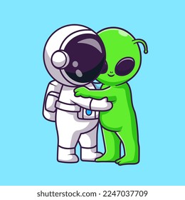 Cute Astronaut Hug Alien Cartoon Vector Icon Illustration. Science Love Icon Concept Isolated Premium Vector. Flat Cartoon Style