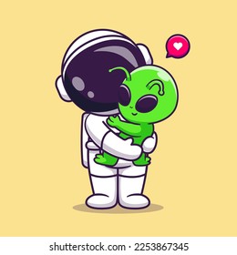 Cute Astronaut Hug Baby Alien Cartoon Vector Icon Illustration. Science Technology Icon Concept Isolated Premium Vector. Flat Cartoon Style