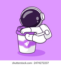 Cute Astronaut Hug Coffee Cup Cartoon Vector Icon Illustration. Science Drink Icon Concept Isolated Premium Vector. Flat Cartoon Style