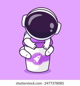 Cute Astronaut Hug Coffee Cup Cartoon Vector Icon Illustration. Science Drink Icon Concept Isolated Premium Vector. Flat Cartoon Style