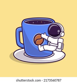 Cute Astronaut Hug Coffee Space Cup Cartoon Vector Icon Illustration. Science Drink Icon Concept Isolated Premium Vector. Flat Cartoon Style