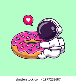 Cute Astronaut Hug Doughnut Cartoon Vector Icon Illustration. Science Food Icon Concept Isolated Premium Vector. Flat Cartoon Style