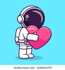 Cute Astronaut Hug Love Heart Cartoon Vector Icon Illustration. Science Technology Icon Concept Isolated Premium Vector. Flat Cartoon Style