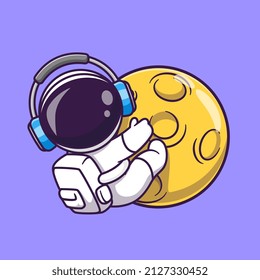 Cute Astronaut Hug Moon With Headphone Cartoon Vector Icon Illustration. Science Technology Icon Concept Isolated Premium Vector. Flat Cartoon Style