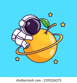 Cute Astronaut Hug Orange Fruit Planet Cartoon Vector Icon Illustration Science Fruit Icon Concept Isolated Premium Vector. Flat Cartoon Style