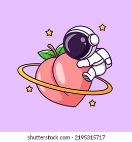 Cute Astronaut Hug Peach Fruit Planet Cartoon Vector Icon Illustration Science Fruit Icon Concept Isolated Premium Vector. Flat Cartoon Style