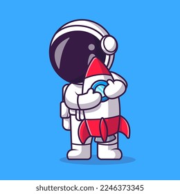 Cute Astronaut Hug Rocket Cartoon Vector Icon Illustration. Science Technology Icon Concept Isolated Premium Vector. Flat Cartoon Style