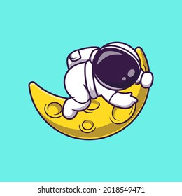 Cute Astronaut Hug Sickle Moon Cartoon Vector Icon Illustration. Science Technology Icon Concept Isolated Premium Vector. Flat Cartoon Style