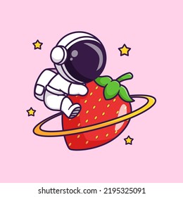 Cute Astronaut Hug Strawberry Fruit Planet Cartoon Vector Icon Illustration Science Fruit Icon Concept Isolated Premium Vector. Flat Cartoon Style