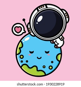 cute astronaut hugging cute earth