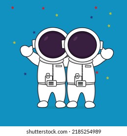 cute astronaut hugging astronaut friend waving hand