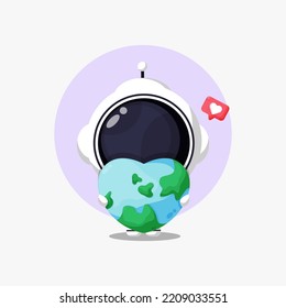 Cute astronaut hugging heart shaped earth