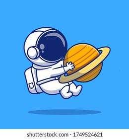 Cute Astronaut Hugging Planet Cartoon Vector Icon Illustration. Space Icon Concept Isolated Premium Vector. Flat Cartoon Style 