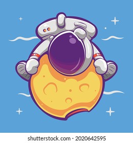 cute astronaut hugging planet cartoon illustration Premium Vector