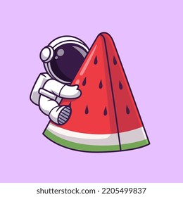 Cute Astronaut Hugging Watermelon Fruit Cartoon Vector Icon Illustration. Science Food Icon Concept Isolated Premium Vector. Flat Cartoon Style