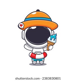 Cute astronaut with ice cream on beach cartoon illustration. Cute summer cartoon illustration. 