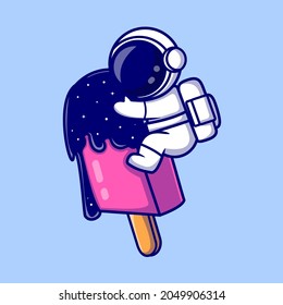 Cute Astronaut With Ice Cream Popsicle Space Cartoon Vector Icon Illustration. Food Science Icon Concept Isolated Premium Vector. Flat Cartoon Style