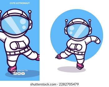 Cute astronaut ice skating cartoon icon illustration. funny sticker 