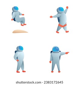 Cute astronaut icons set cartoon vector. Cosmonaut in weightlessness. Cartoon character