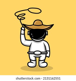 cute astronaut illustration as cowboy in hat waving rope