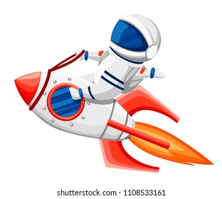 Cute astronaut illustration. Astronaut sits on rocket and flying through space. Cartoon design style. Flat vector illustration isolated on white background.