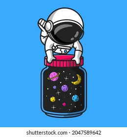 Cute Astronaut mit Jar von Galaxy Space Cartoon Vektorsymbol Illustration. Technology Space Icon Konzept isolierter Premium-Vektorgrafik. Flachbildkartonstil