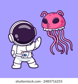 Cute Astronaut With Jellyfish Alien Cartoon Vector Icon Illustration. Science Animal Icon Concept Isolated Premium Vector. Flat Cartoon Style