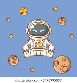 Cute astronaut jump in space kawaii chibi character mascot illustration outline style design set