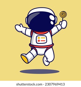 Cute astronaut jumping with lollipop cartoon character vector illustration.