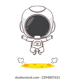 Cute astronaut jumping on the moon cartoon character. Space concept design. Hand drawn flat adorable chibi vector illustration. Isolated white background