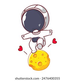 Cute astronaut jumping on the moon cartoon character. Space and science concept design. Hand drawn flat adorable chibi vector illustration. Icon logo mascot isolated background.