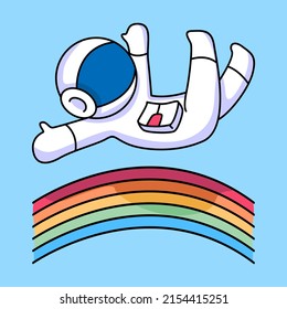 cute astronaut jumping on rainbow cartoon design