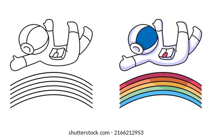 cute astronaut jumping on rainbow coloring page for kids