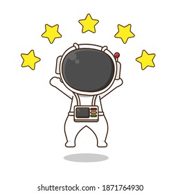 Cute astronaut jumping with stars. Vector illustration of chibi character isolated on white background.