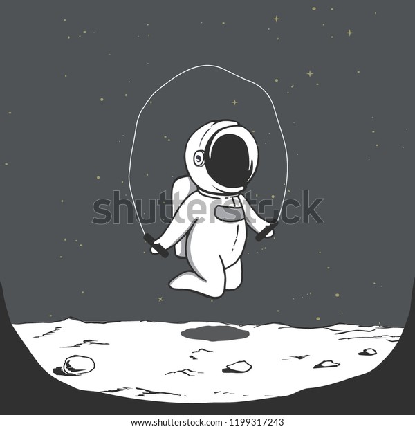可愛い宇宙飛行士が 月にジャンプロープを持って飛び降ります プリントのデザイン スペースのテーマ ベクターイラスト のベクター画像素材 ロイヤリティフリー