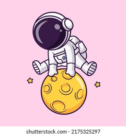 Cute Astronaut Jumps Over Moon Cartoon Vector Icon Illustration. Science Technology Icon Concept Isolated Premium Vector. Flat Cartoon Style