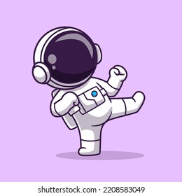 Cute Astronaut Karate Kick Cartoon Vector Icon Illustration Science Technology Icon Concept Isolated Premium Vector. Flat Cartoon Style