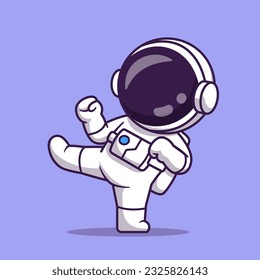 Cute Astronaut Karate Kick Cartoon Vector Icon Illustration. Science Technology Icon Concept Isolated Premium Vector. Flat Cartoon Style