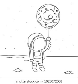 Cute astronaut keeps abstract balloon like a moon.Hand drawn.Cosmic childish vector illustration
