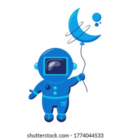 Cute astronaut keeps abstract balloon like a moon. Funny cosmonaut.