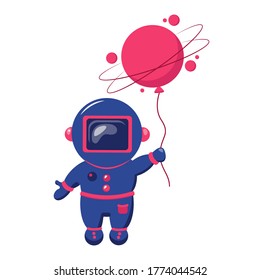 Cute astronaut keeps abstract balloon like a asteroid. Funny cosmonaut. 