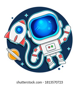 Cute astronaut keeps abstract balloon .Hand drawn.Cosmic childish vector illustration