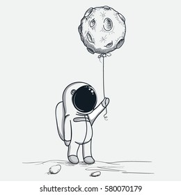 Cute Astronaut Keeps Abstract Balloon Like A Moon.Hand Drawn.Cosmic Childish Vector Illustration