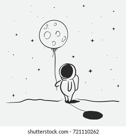 Cute Astronaut Keeps Moon.Hand Drawn Doodle Art.Vector Illustration